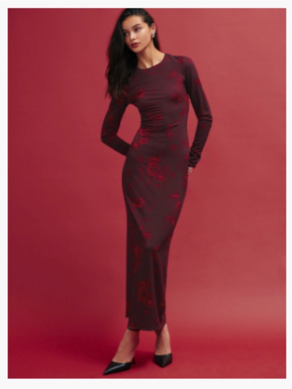 Reformation Burgundy Floral Long-Sleeve Maxi Dress